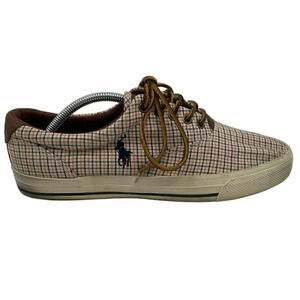 Polo Ralph Lauren Vaughn Sneaker Men 11 Plaid Canvas Leather Lace Up Orange Blue